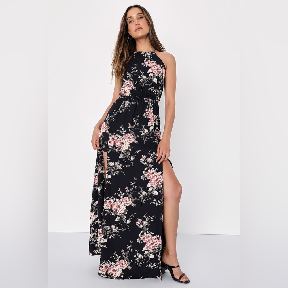 LULUS Feel the Music Midnight Blue Floral Print Maxi Dress NWT